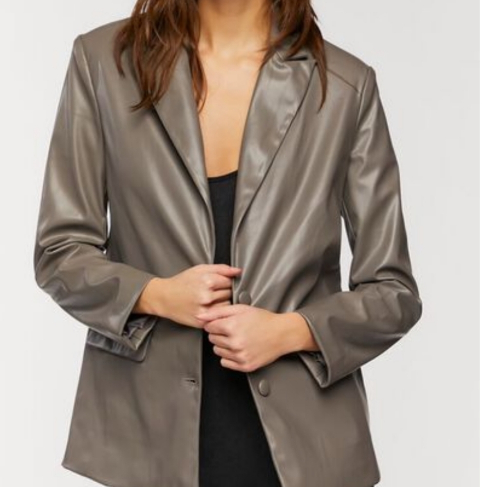 Peak Lapel Faux Leather Blazer